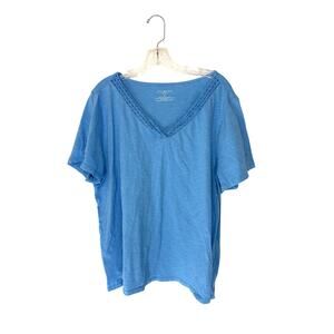 Talbots Plus Shirt Blue Basic Short Sleeve‎ Soft V-Neck Knit Collar Size 2X